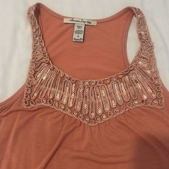 American Rag size small Embellished peach tank top with sheer beaded trim EUC - Picture 4 of 10
